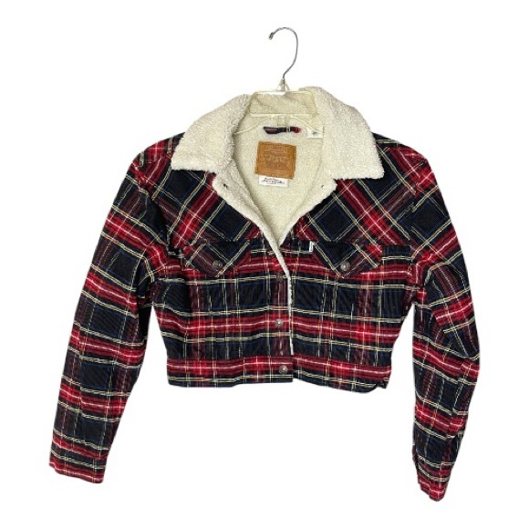 Levi's Cream Sherpa Jacket with Corduroy Plaid Accents Sz XS - Picture 2 of 6